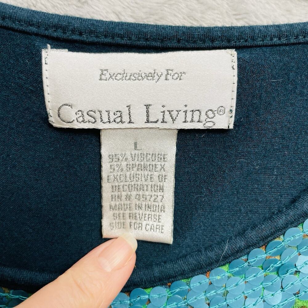 Casual Living Sequined Boho Top Womens L Blue Green Gold 3/4 Sleeve Scoop‎ Neck - Picture 3 of 8